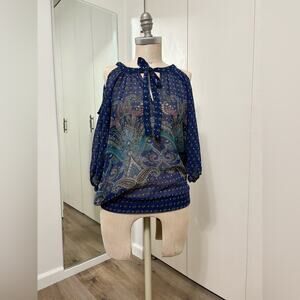 Myth Bohemian Blue Woman's Paisley Cold Shoulder Blouse Medium